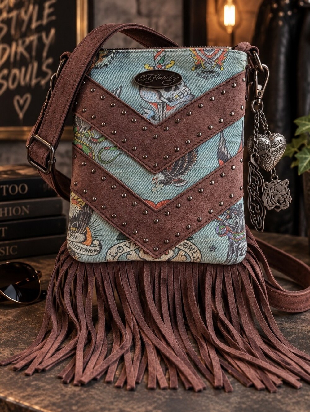 Ed Hardy NWT Fringe Chevron Crossbody Bag Vegan Studded
